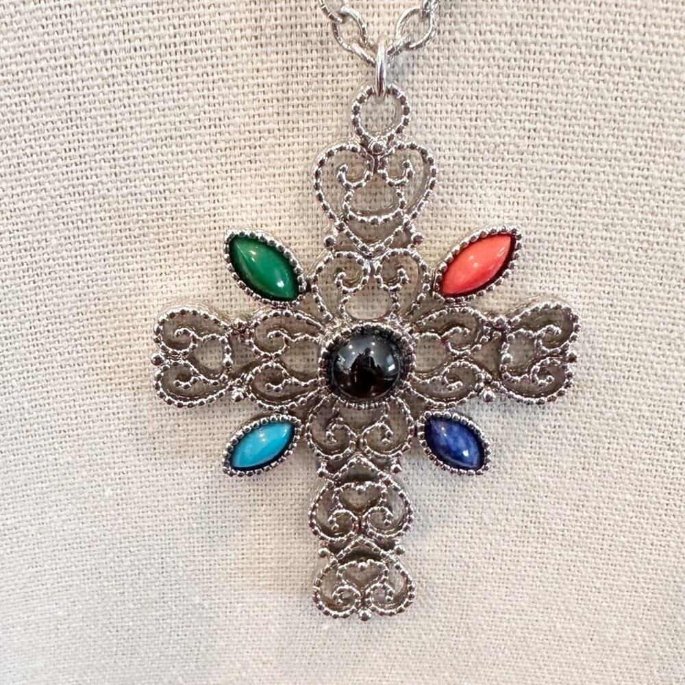Vintage 1972 Avon Filigree Cross Necklace 24”, Romanesque Oversized Jewelry